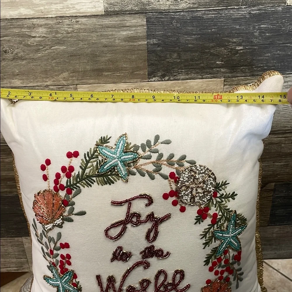 Embroidered beaded Pillow shells, sea-stars, sand dollar Wreath Joy to the World